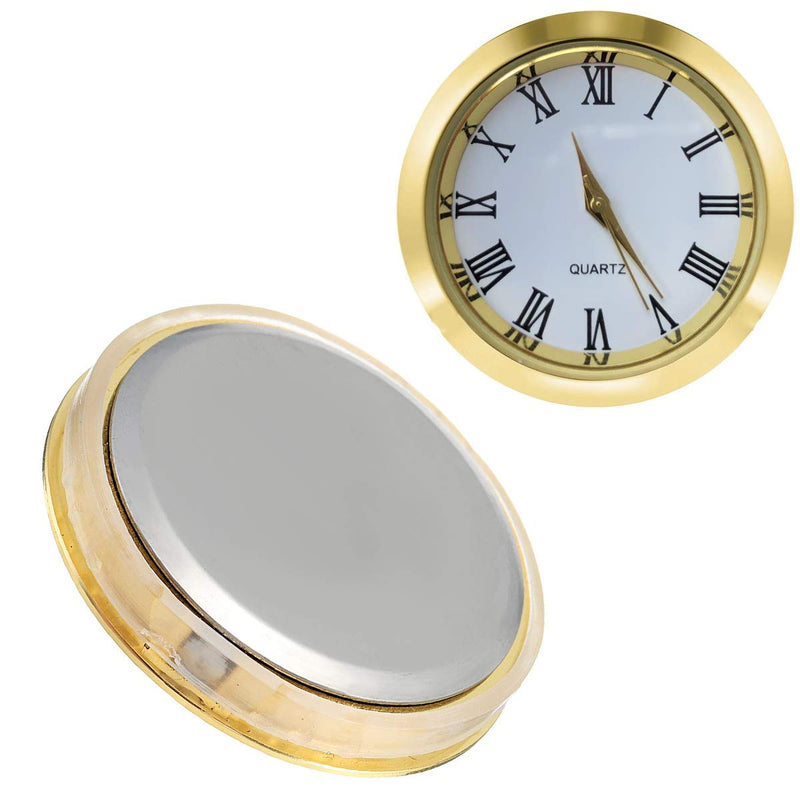 HILLHOME Mini Clock Insert 1-1/2 Inch (37 mm) Round Quartz Movement Miniature Clock White Face Gold Tone Bezel Roman Numerals Fit 35 mm Diameter Hole 1 7/16 Inch/37mm