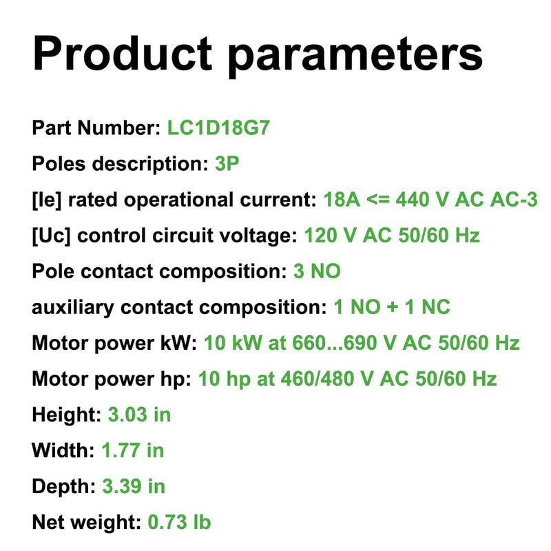 LC1D18G7 Non-Reversing Contactor 18A 3Pole 120VAC Coil 1NO 1NC 50/60Hz