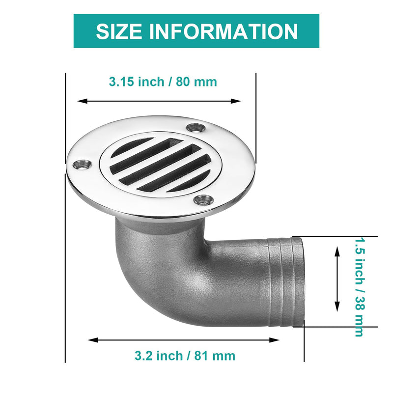Boat Deck Floor Drain, 90-Degree Boat Deck Drain with Elbow Outlet, Flush-Mount, Heavy-Duty 316 Stainless Steel, with Screws 1-1/2 inch