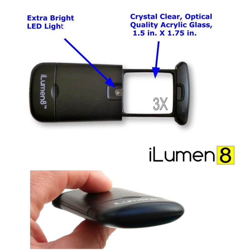Best Pocket Magnifying Glass by iLumen8-3X Small Magnifier with Lights. Great for Seniors, Kids, Travel. Fits into Purse or Pocket Read Maps, Menu, Jewelry, Coins Hobby Stamps. Lighted Low Vision Aid 1 Magnifier