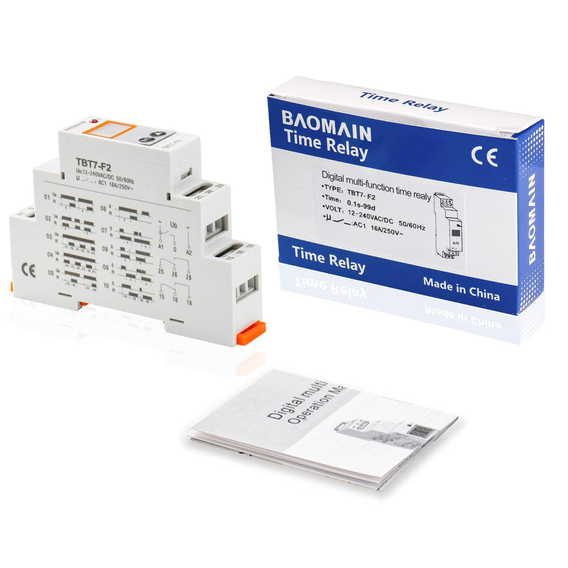 Baomain Digital Multi-Function Time Relay, 16A 20-Delay Modes 0.1s~99d, DIN Rail Mounting Timer Relay TBT7-F2 (2-SPDT)