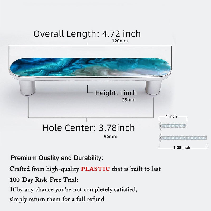 4 Pack Aqua Aquamarine Blue Water Cabinet Handles 3-3/4 Inch (96mm) Hole Center Silver Cabinet Pull Unique Drawer Handle Bathroom Drawer Pulls Kitchen Cabinet Hardware
