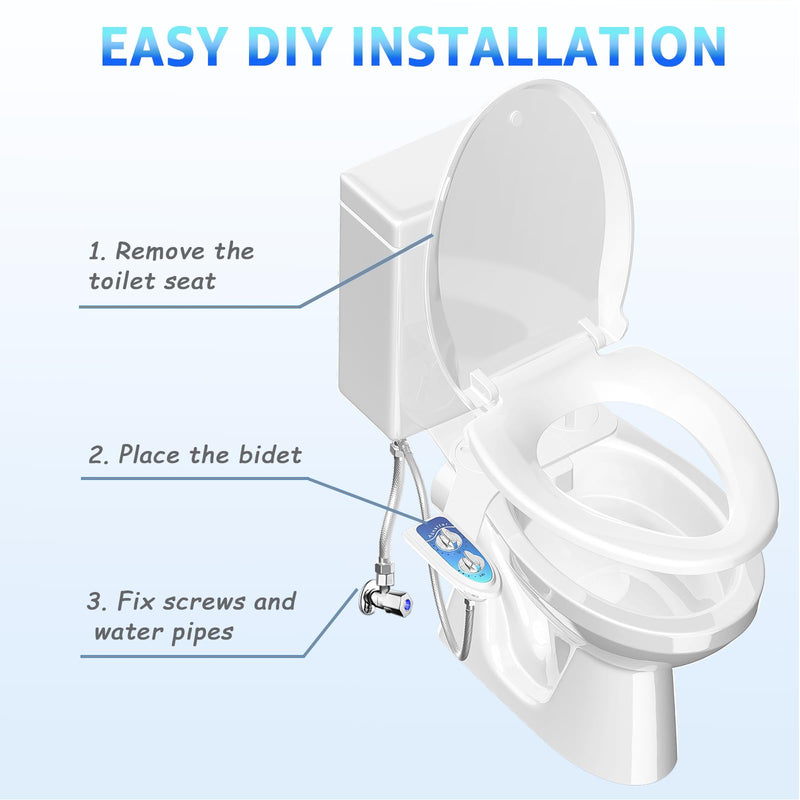 Bidet Attachment for Toilet, Non-Electric Fresh Cold Water, Toilet Bidet with Dual Nozzles Sprayer, Adjustable Water Pressure Control, 3 Modes Wash (Feminine/Bidet Wash + Self-Cleaning) Blue
