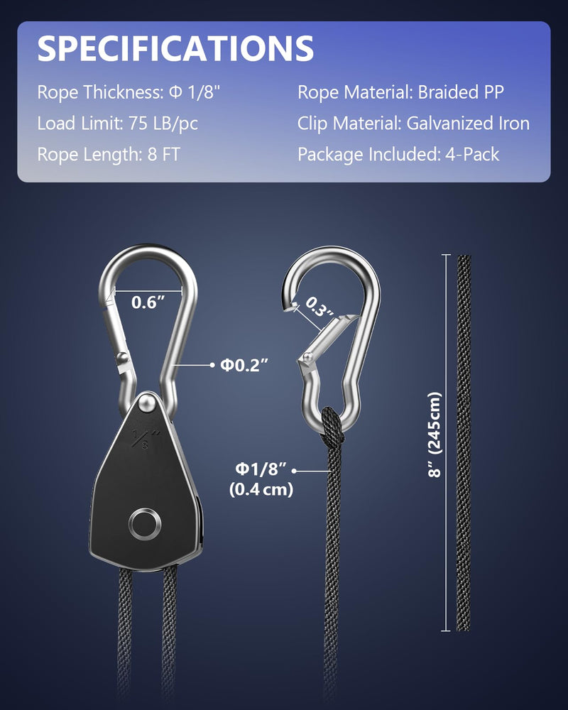 VIPARSPECTRA Retractable Heavy Duty Ratchet Tie Down Straps [4 Pack, 8ft, 75lbs/Pack], Rope Pulley System with Carabiner Hook for Hanging Plants/Grow Light/Tents Various Tie-Down Uses 1/8" 4-Pack
