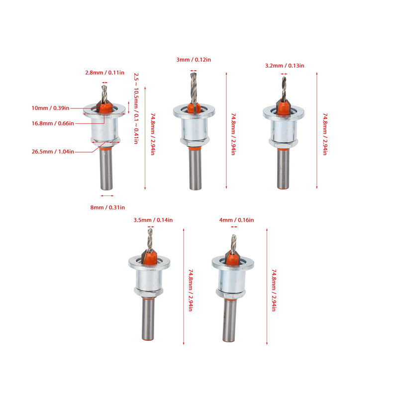 Countersink Drill Bit Set, Adjustable Depth Stop Alloy Steel Excellent Cutting Capability Prevents Clogging Multiple Uses 5 Piece Set
