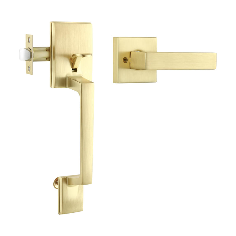 Leydebong Brushed Brass No Lock Front Door Handle Set with Reversible Lever - Exterior Door Handle Set for Right or Left Handed Doors, Front Door Handle Satin Brass