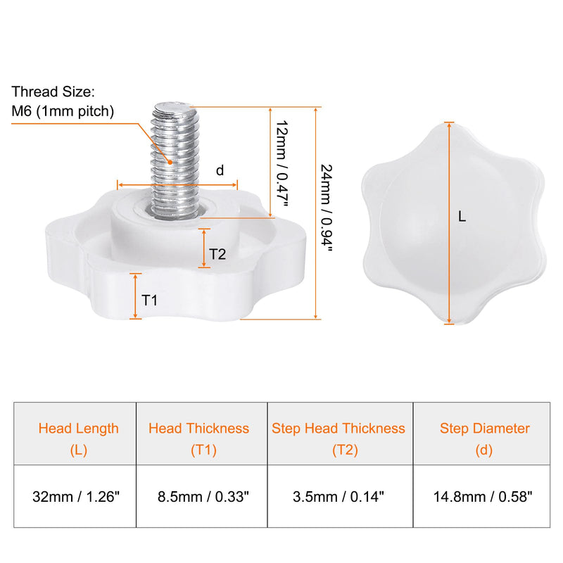 HARFINGTON 10pcs Star Knobs M6 x 12mm Male Thread 32mm Plastic 6-Point Head Stud Knob Hand Tightening Clamping Screw Replacement Threaded Handle, White