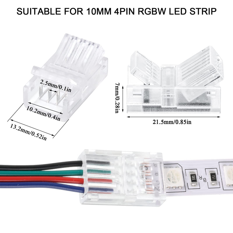 Flutesan 20 Pcs 4 Pin 10 mm LED Strip Connector RGB Lights Waterproof Adapter 22 AWG Wires Connector for Strip Light Unwired Gapless Track 5v 12v 24v 4 Pin, 10 mm