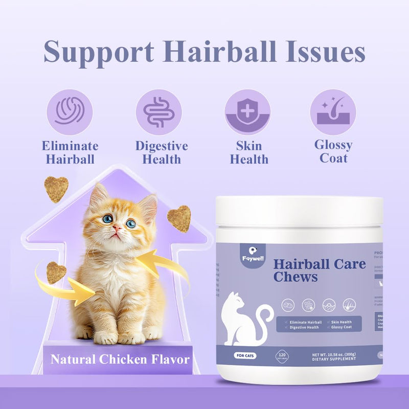 Hairball Care Chews Supplement for Cats, Psyllium Seed and Vitamins Support Hairball Issues and Digestive Health, 120ct/300g
