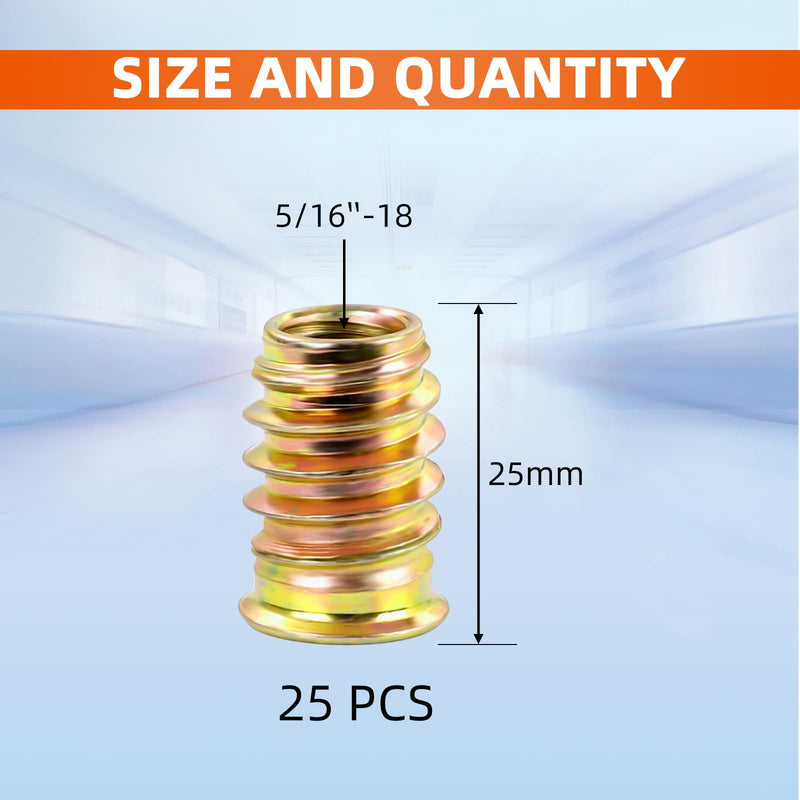 5/16"-18 Threaded Inserts for Wood Nutsert Furniture Screw-in Nut 25mm Length Hex Drive, 25 PCS 5/16"-18 x 25mm