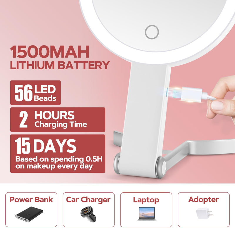 MIYADIVA Lighted Makeup Mirror, 30X Magnifying Mirror with Light and Adjustable Brightness, Hanging and Handheld Mirror with Handle, Portable Travel Makeup Mirror with Lights, Vanity Mirrors for Women White