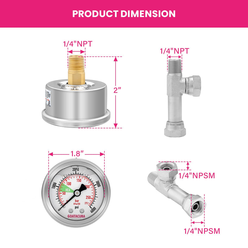 0-4000psi HEA Spraying Pressure Gauge with Tee Fitting, 1/4” NPT Connection, Compatible with Titan/Wagner Airless Sprayer, Replacement for Titan 0580495/580495