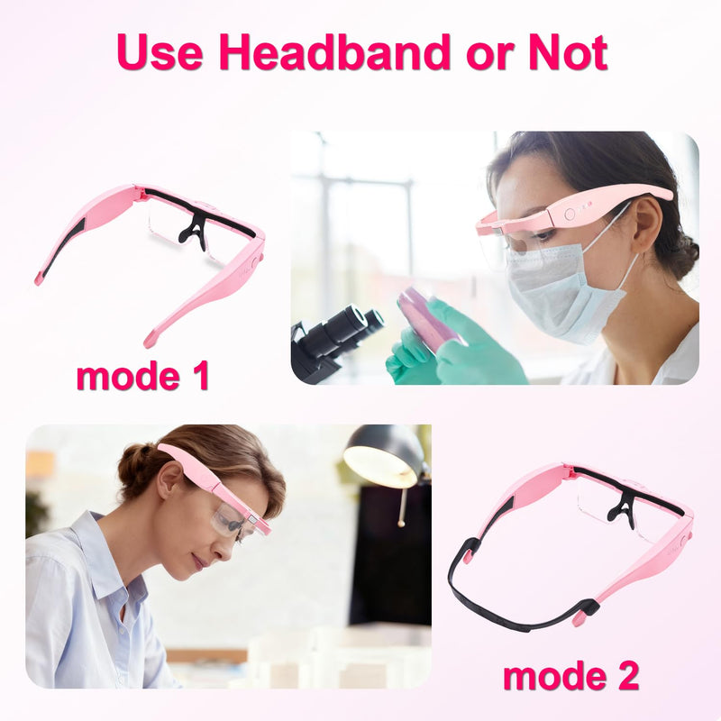 Professional Magnifying Glasses Headset with 5 Detachable Lenses 0.75X-4.0X & 3 LED Lights, Rechargeable Hands-Free Headband Magnifier for Close Work, Jewelry Crafts Hobby (Pink) Pink