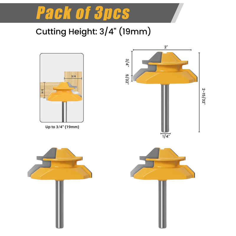 3PCS 45 Degree Lock Miter Router Bit 1/4 Inch Shank, Carbon Steel Joint Router Bits Woodworking Tools for Cabinetry Drawers Shadow Boxes, 3pcs, 1/4" Shank, 3/4" Cutting Height 3/4" * 3pcs