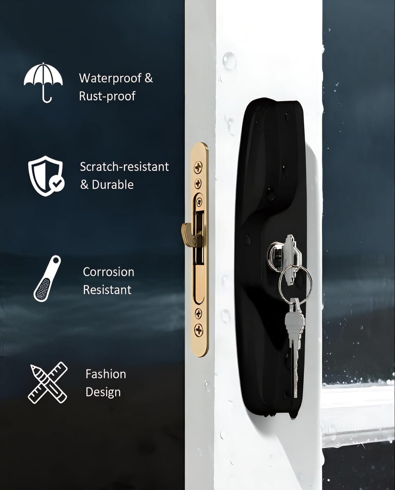 Aluminum Sliding Glass Patio Door Handle Set with Mortise Lock & Keys, Fits 1-1/4" to 2" Thick Doors 3-15/16" Hole Spacing, Adjustable Thumb Latch, Non-Handed, Black Keyed Handles + Mortise Lock