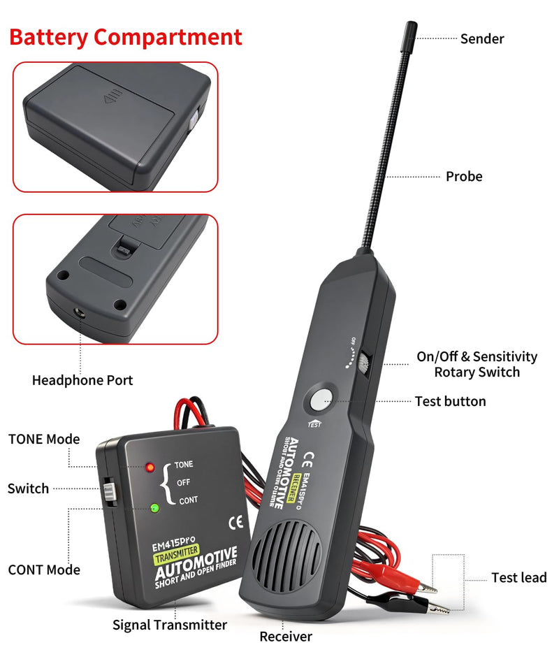 EM415Pro Wire Tracer Electrical Automotive Open & Short Finder, VEHLIVE 6-42V DC Circuit Tester Automotive Circuit Breaker Finder Fault Probe Wire Tracker Electrical Cable Tracer for Car, Boat,Trailer