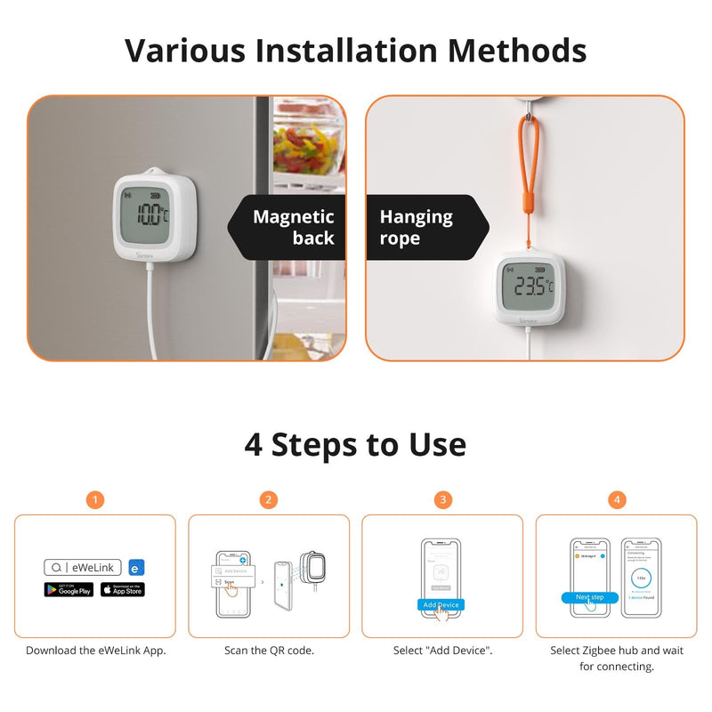 SONOFF SNZB-02LD Zigbee Waterproof Temperature Sensor with 1.5M Stainless Steel Probe, LCD Display, -40~115°C Range, APP Monitoring, Magnetic Mount, Works with Zigbee Hub