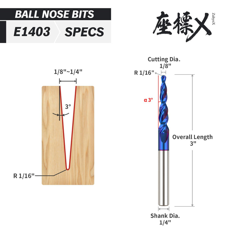 ZahyoX 3D Carving Tapered Angle Ball Nose CNC Bit, 3.0 Degree NACO Coated Router Bit, 1/16" Cutting Dia, 1/32" Radius, 1/4" Shank, 3" Overall Length, 2 Flutes, CNC Router Bits, CNC End Mill