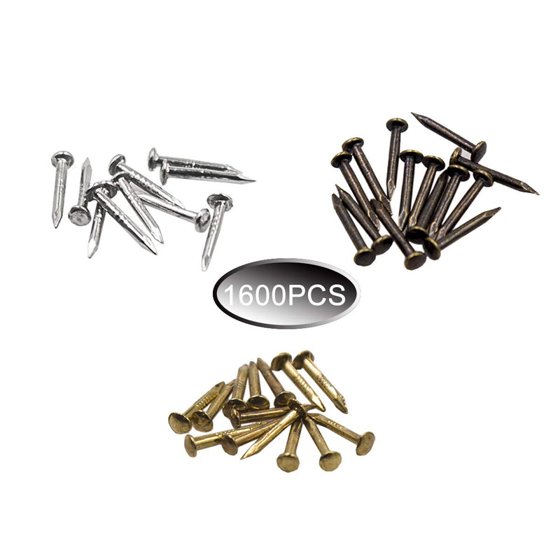 newlng Small Tiny Nails Wooden Screws Compact Antique DIY Decorative Box Accessories Mini Nails Gold Silver Bronze 1x6mm, 1x8mm 1x10mm Boxed 1600pcs Silver Bronze Gold