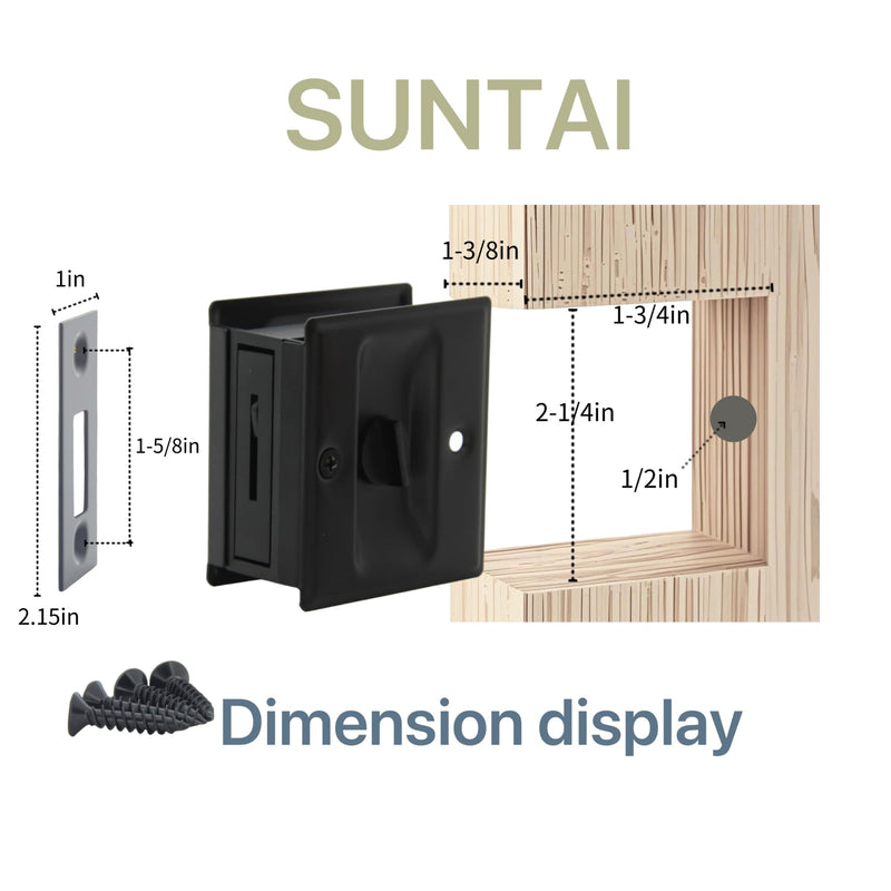 SUNTAI Privacy Sliding Door Lock with Pull, Solid Brass Pocket Door Privacy Lock, 2-3/4”x2-1/2”, for 1-3/8” Thickness Door, Matte Black, 4 Pack