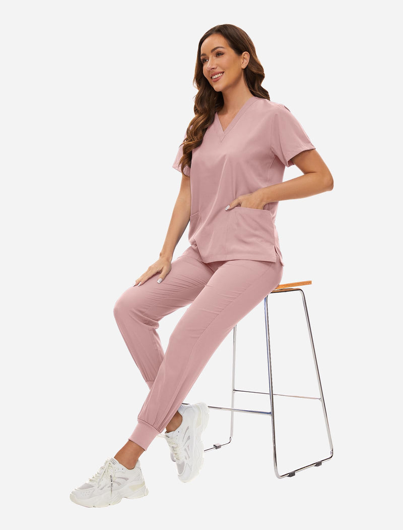 VIAOLI Scrubs for Women Set V-Neck Pocket Top & Drawstring Jogger Scrub Pants Stretch Nursing Scrubs Set Uniform Pink Medium