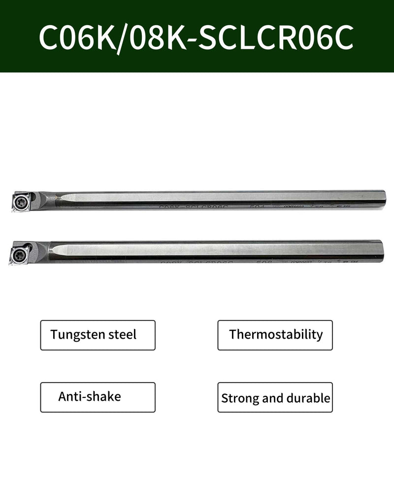 C06K-SCLCR06 Boring Bar Tungsten | 2pcs C06K/C08K-SCLCR06 holders +10pcs CCGT060204-AK inserts carbide for aluminum copper plastic boring outer. 2PCS Tungsten steel tool holders+10PCS CCGT21.51