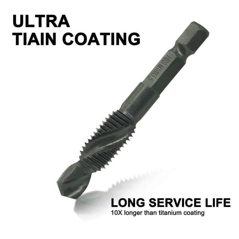 Combination Drill and Tap Bit Set with Quick-Change Adapter of 13Pcs, 6 SAE Sizes: 6-32NC to 1/4-20NC, 6 Metric Sizes: M3 to M10,Suitable for Drilling Tapping Threading Countersinking