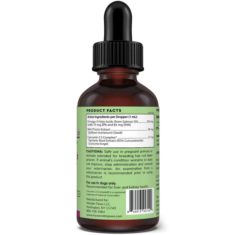 WONDER PAWS Milk Thistle for Dogs, Liver Support for Dogs, Supports Kidney Function for Pets, Detox, Hepatic Support, with Wild Alaskan Salmon Oil & Curcumin, Omega 3 EPA & DHA - 2 oz Pet Supplement - PawsPlanet Australia