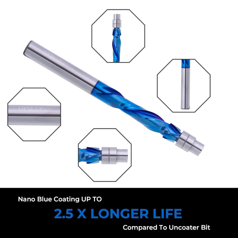 2 Pcs Compression Cut Spiral Flush Trim Router Bit, 1/4" Dia.1-1/8" Cut Length 1/4SHK.& 3" OAL, Up&Down Cut Solid Carbide CNC Bit with Nano Coating for Wood Trimming 2