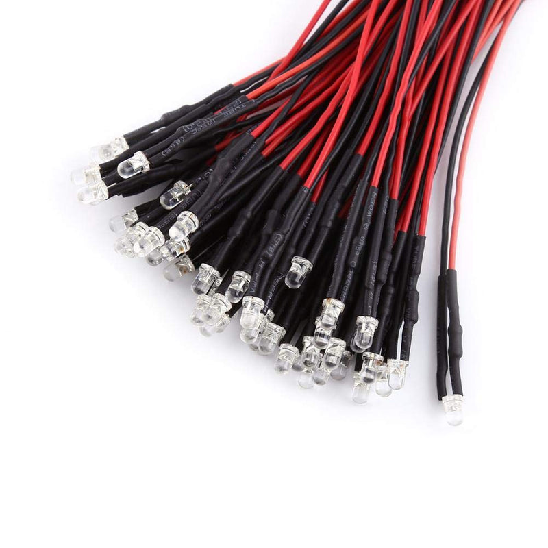 YWBL-WH 50Pcs LED Light Emitting Diodes DC 9-12V Pre Wired Water Clear LED Diodes Light (3mm Red) 3mm Red