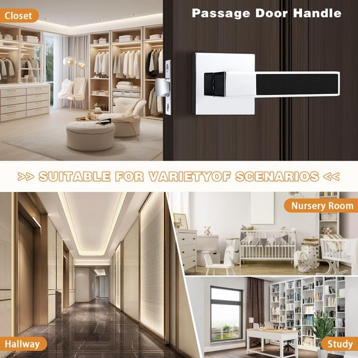 Probrico Heavy Duty Square Door Handle with Black Leather Hand Lever, Keyless Passage Interior Door Levers for Hallway or Closet, Polished Chrome, 2 Pack