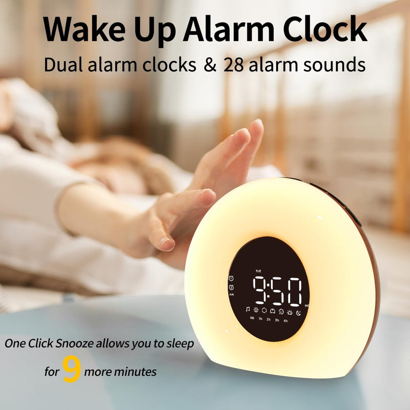 Wake Up Light Sunrise Alarm Clock for Bedroom Sunrise Sunset Simulation 23 Natural Sounds 13 Colors Night Light Dual Alarms and Snooze Sleep Aid for Heavy Sleepers Kids Adults (Wood Grain) Wood Grain