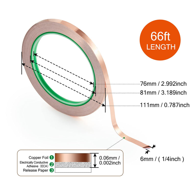 CHANZON Copper Foil Tape 6mm 1/4 inch x 66ft Double Sided Conductive Adhesive for Stained Glass,Soldering,Electric,Crafts,Repair,Paper Circuits,Grounding,Guitars 2) 1/4inch x 66ft