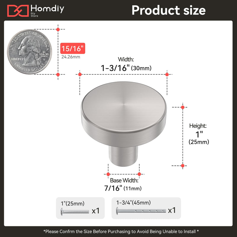 homdiy 25 Pack Brushed Nickel Cabinet Knobs, Round Kitchen Drawer Knobs, Silver Knobs for Cabinets, Metal Handles for Desk Drawers Cupboard Brushed Satin Nickel