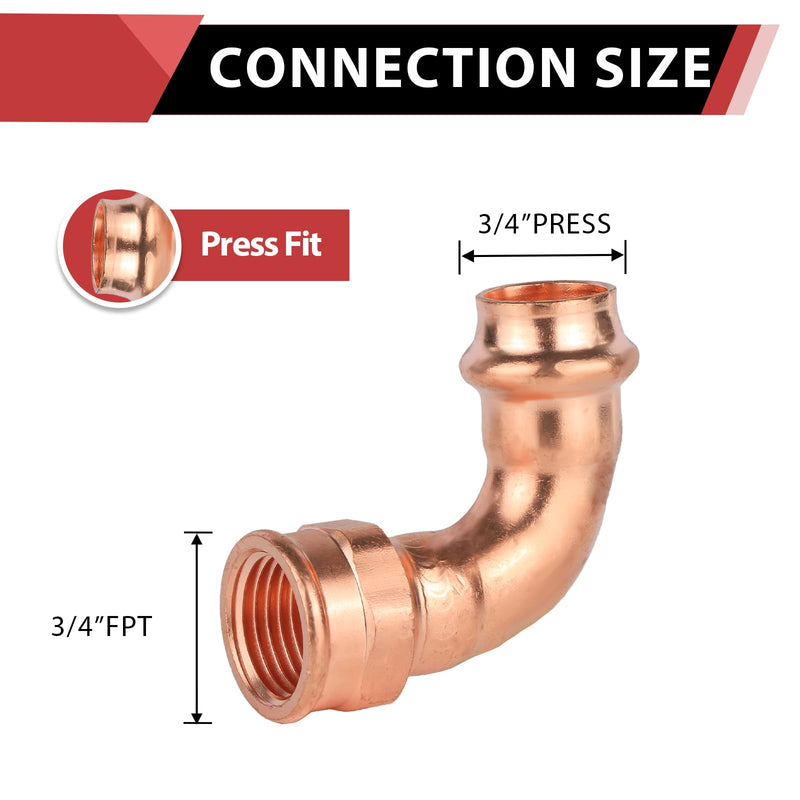 2Pcs EFIELD Copper Press Female Elbow,3/4"P x 3/4"Female NPT(PRESS085-2) 3/4"x3/4" F