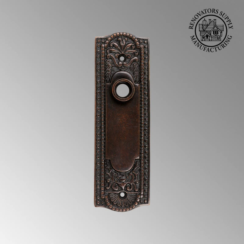 Renovators Supply Manufacturing Door Back Plate Brass 7 1/4 in. Escutcheon Cover Ornate Doorplate in Oil Rubbed Bronze Finish