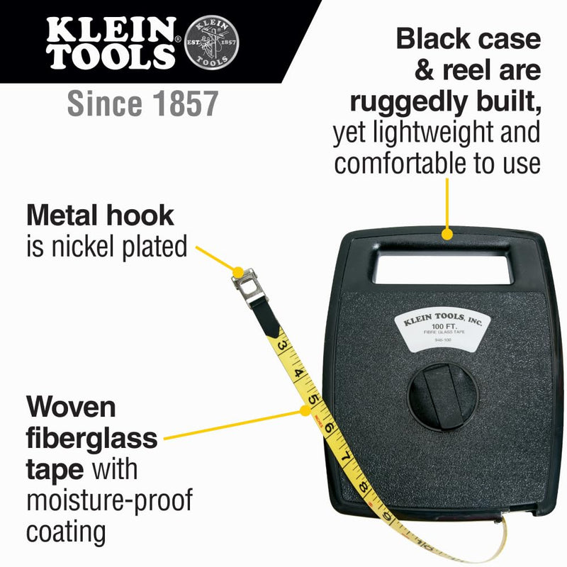 Klein Tools 946-100 Woven Fiberglass Tape with Case, 100-Foot 30.5 m