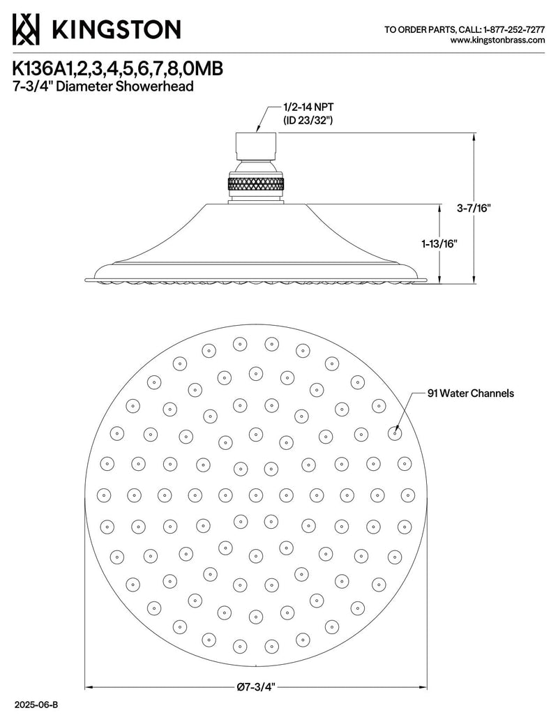 Kingston Brass K136A0MB Victorian Showerhead, Matte Black,7.75 x 7.75 x 3.25