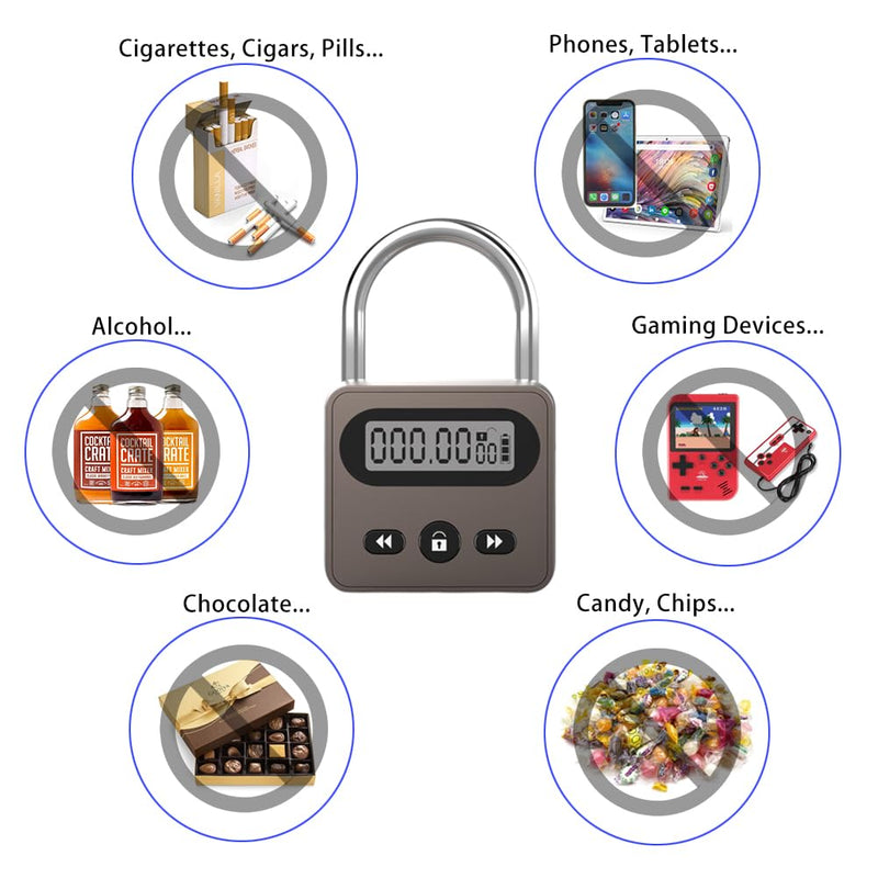 999 Hour Metal Timer Lock, Max Timing Over 1 Month with LCD Display Multi-Function Electronic Time, USB Rechargeable Timer Padlock for Kitchen Cabinets, Phones, Snack, Liquor, Game Consoles (Black)