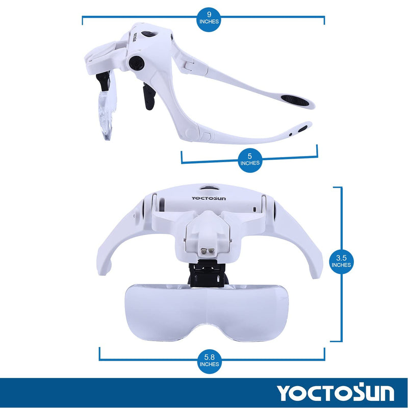YOCTOSUN Magnifying Glasses with Light, Head Mount Magnifier with 5 Lenses, Headband, Storage Case, Hands Free LED Lighted Head Magnifying Visor for Close Work Hobby Crafts Led Head Magnifier with Storage Case