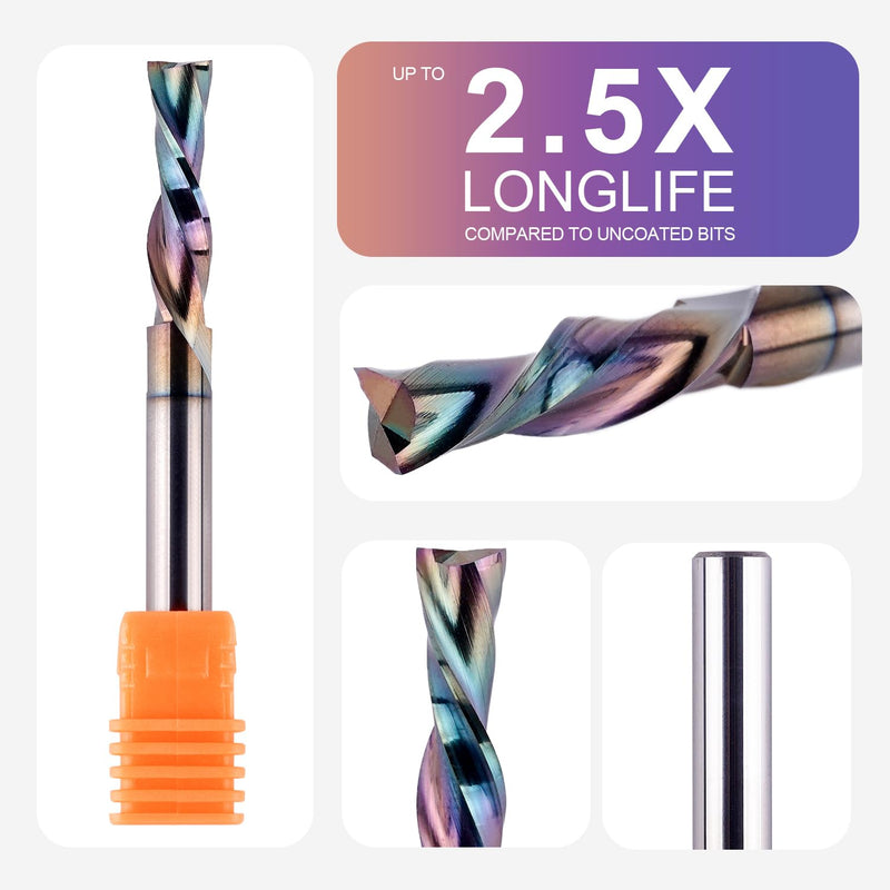 SpeTool 2-Piece Downcut Spiral Router Bits, 1/4 Inch Shank 1/4 Inch Cutting Diameter 1 inch Cutting Length , Extra Long Life Coating CNC Router Bits End Mill for Wood Carving Mortise Slot down cut&2-1/2" Length