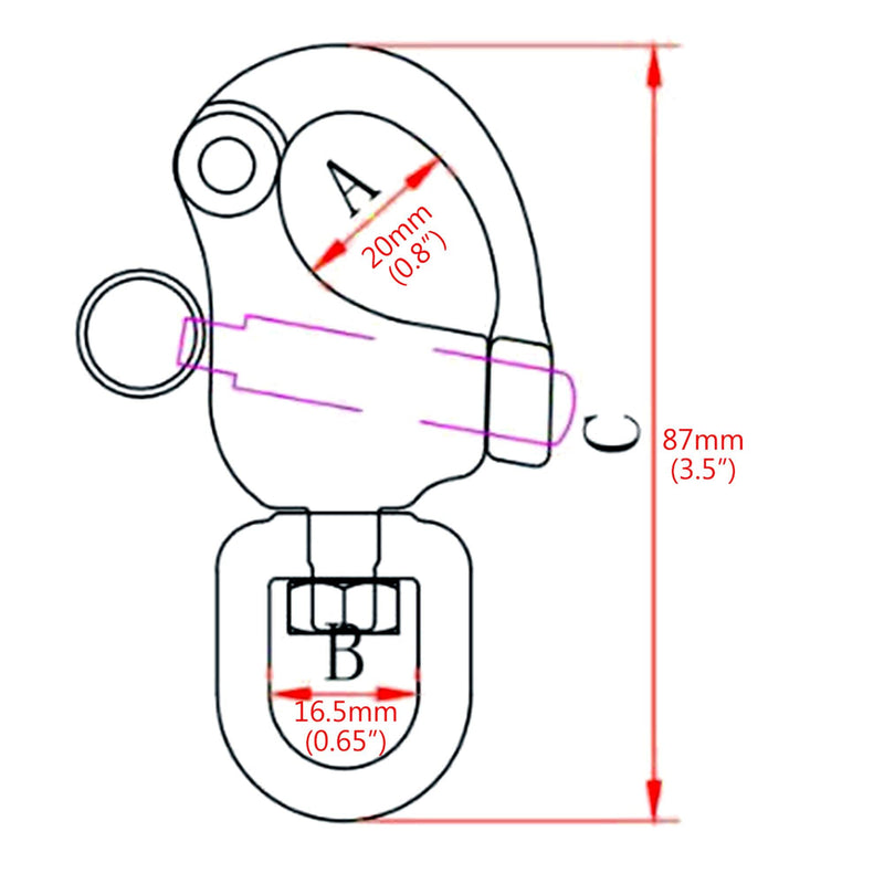 2/4 PCS Heavy Duty Marine 316 Stainless Steel Fixed Snap Shackle Quick Connect Shackle Snap Hook Rigging for Sailboat Yacht (2Packs, Overall Length:87mm) 2Packs