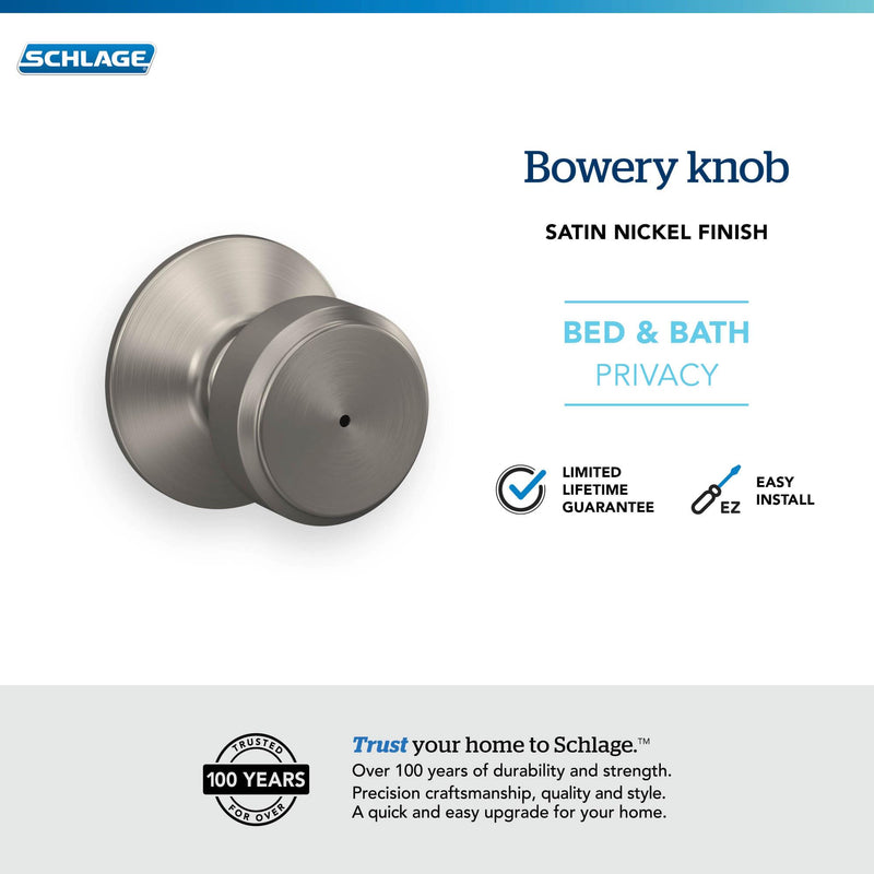 Schlage F40 BWE 619 Bowery Door Knob, Bed & Bath Privacy Lock, Satin Nickel Standard