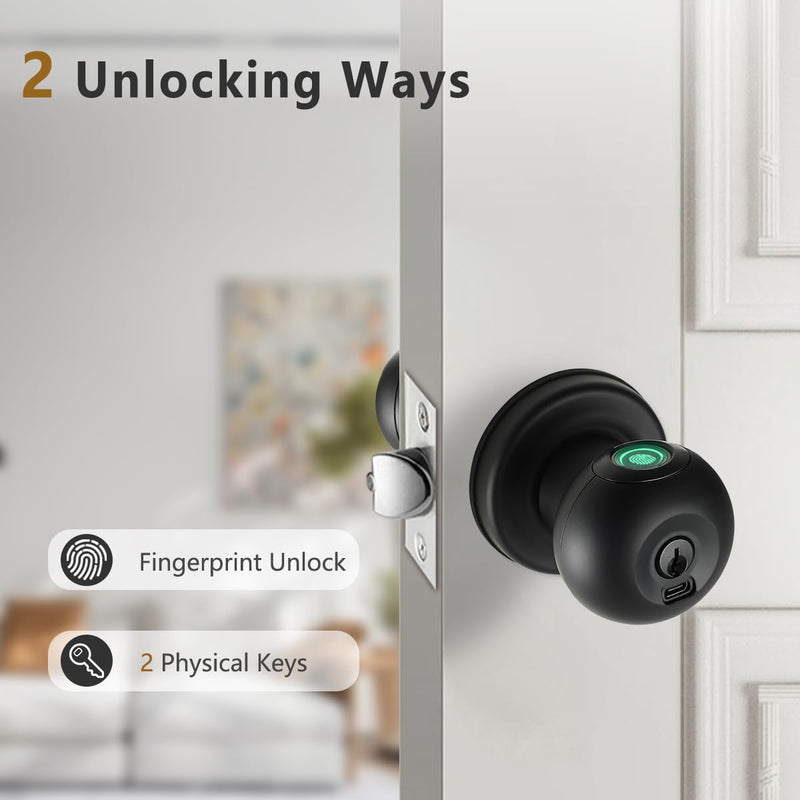 Fingerprint Door Lock, Smart Fingerprint Door Knob with Lock, Biometric Black Door Lock, Keyless Thumbprint Entry Door Lock for Bedrooms, Hotels, Apartments, Offices and Garages 1