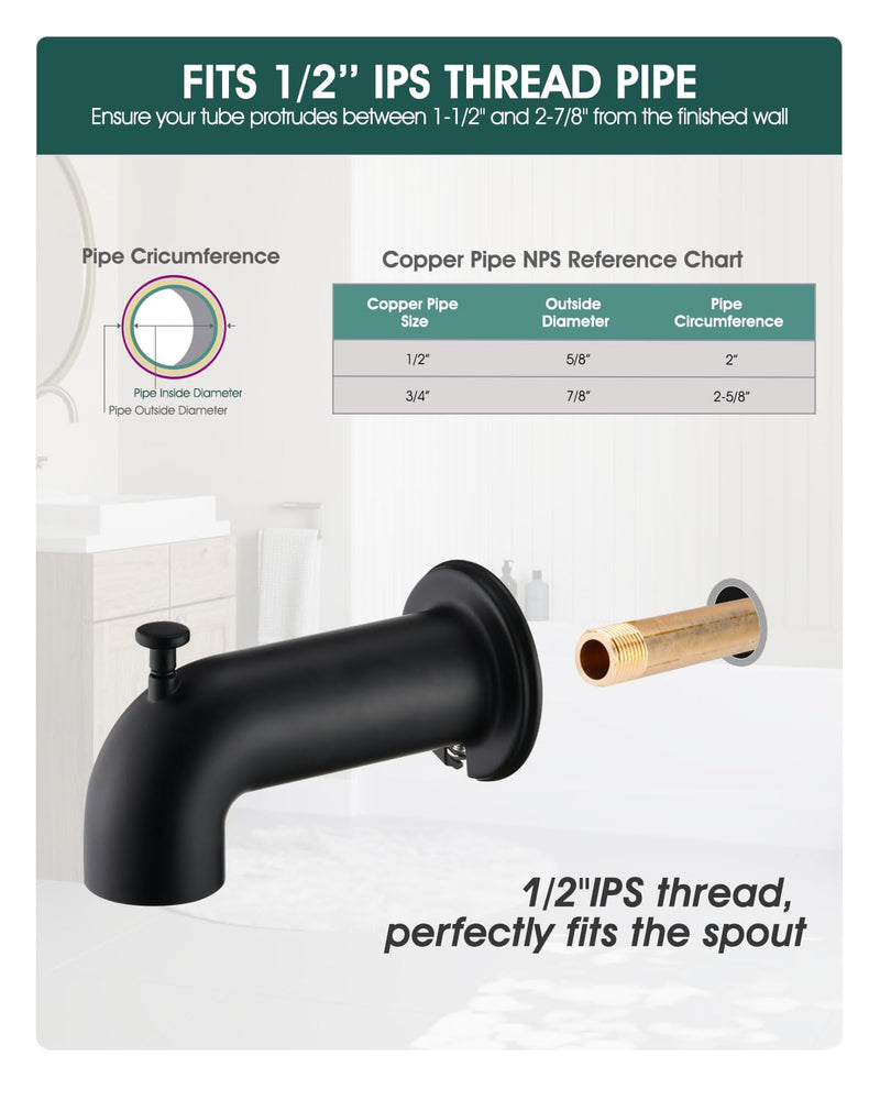 Extra Long Tub Spout with Diverter, Fits for 1/2" IPS Threads,Matte Black Matte Black