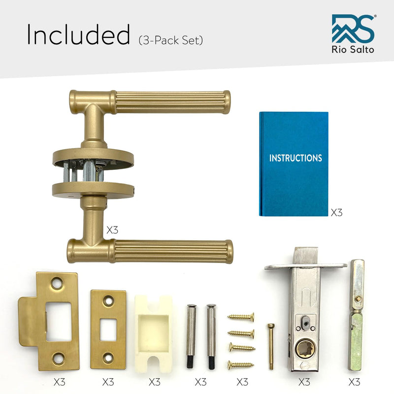 Rio Salto Gold Interior Door Handles Brushed Brass Door Handle Passage Door Handle Interior Privacy Door Handle Bathroom Bedroom Lever Door Handle Metal Push Lock Door Lever - Privacy 3pk 3 Pack Privacy (Push Lock)