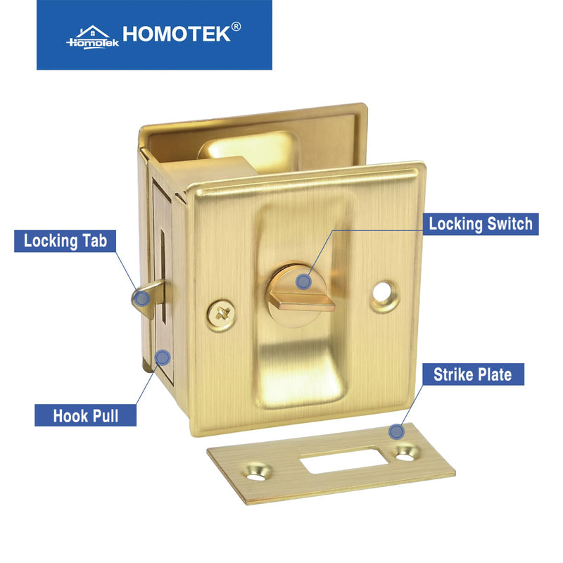 HOMOTEK 4 Pack Privacy Sliding Door Lock with Pull - Replace Old Or Damaged Pocket Door Locks Hardware Quickly and Easily, 2-3/4”x2-1/2”, for 1-3/8” Thickness Door, Brushed Brass