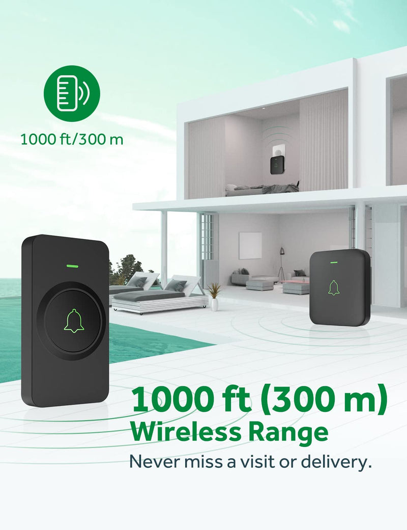 AVANTEK Wireless Door Bell, CB-21 Mini Waterproof Wireless Doorbell Operating at Over 1000 Feet, 2 Remote Buttons Can Have Different Tones, 52 Melodies, CD Quality Sound and LED Flash 2 Transmitters Black