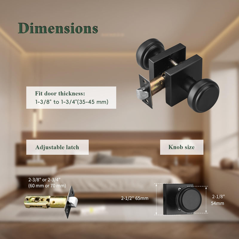 parro Black Door Knobs Interior, Passage Door Knob with Non Locking | Zinc Square Rosette, Door Handles for Hall & Closet 6-Hall