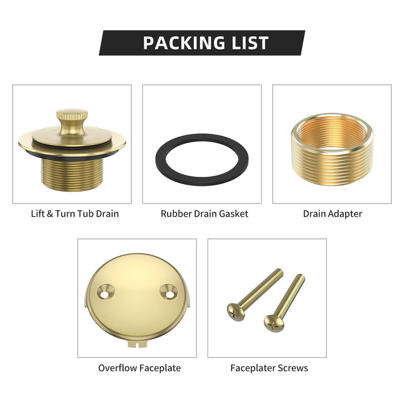 Brushed Gold Bathtub Drain Bath Tub Trim Set Conversion Kit Assembly, All Brass Lift and Turn Twist Tub Drains Replacement Trim Kit with Two-Hole Overflow Faceplate Brushed Gold